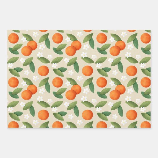 Sinaasappels, groene bladeren en witte bloemen inpakpapier vel (Voorkant)