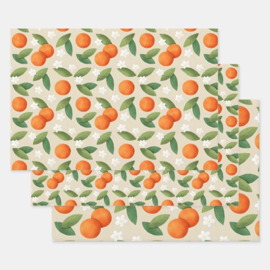 Sinaasappels, groene bladeren en witte bloemen inpakpapier vel (Set)