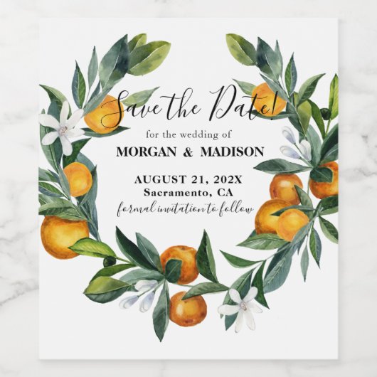 Sinaasappels krans Bruiloft Bewaar de datum Wijnla Wijn Etiket (Enkel label)