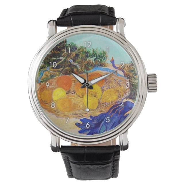 Sinaasappels met blauwe handschoenen, Van Gogh Horloge (Voorkant)