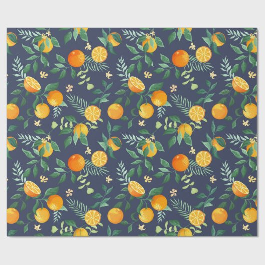 Sinaasappels met tropische bladeren en bloemen op  cadeaupapier (Vlak)