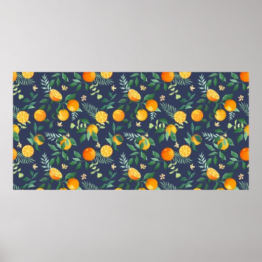 Sinaasappels met tropische bladeren en bloemen op poster (Voorkant)