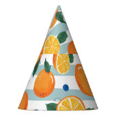 Sinaasappels op gestreepte achtergrond, zomerpatro feesthoedjes (Links)