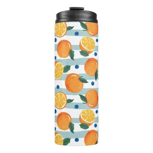 Sinaasappels op gestreepte achtergrond, zomerpatro thermosbeker (Voorkant)