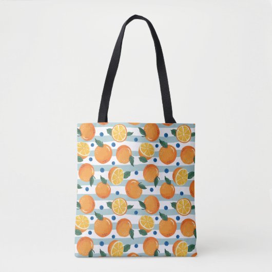 Sinaasappels op gestreepte achtergrond, zomerpatro tote bag (Voorkant)