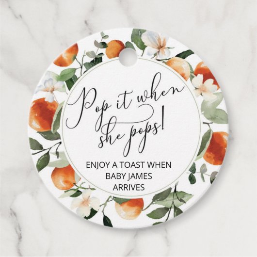 Sinaasappels Pop het als ze baby shower pop Bedankjes Labels (Voorkant)