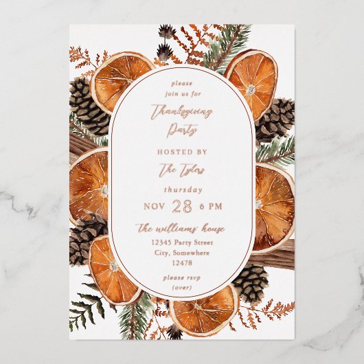 Sinaasappels Rustische feestdag Thanksgiving Folie Uitnodiging (Voorkant)