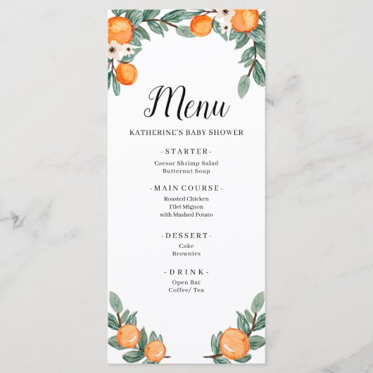 Sinaasappels Twin Baby shower Menu (Voorkant)