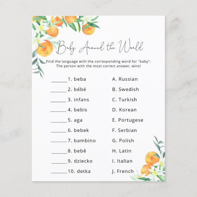 Sinaasappels voor baby shower spel (Voorkant)