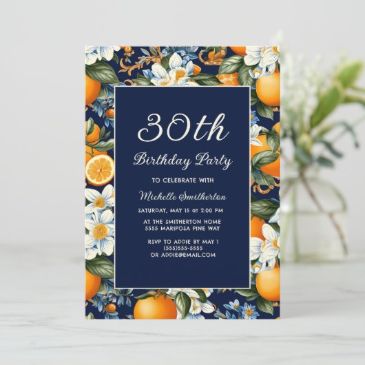 =Sinaasappels Wit Bloemen Navy Blue 30e Verjaardag Kaart (Staand voorkant)