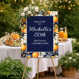 Sinaasappels Witte Bloemen Navy Blauwe Verjaardag Poster