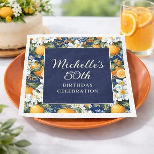 Sinaasappels Witte Bloemen Navy Blauwe Verjaardag Servet