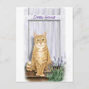 Sinaasgestreepte kat bij deur met lavendelbloemen briefkaart