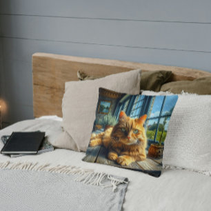 Sinaaspoes die op een tafel bij een raam ligt kussen