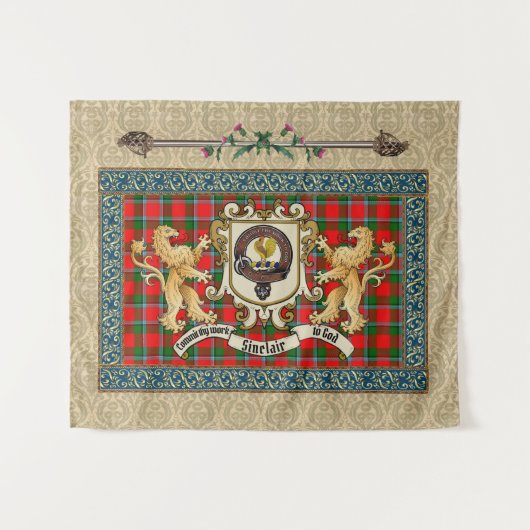 Sinclair Clan Badge & Tartan w/Lion Wandkleed (Voorkant (horizontaal))
