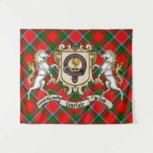 Sinclair Clan Badge & Unicorns w/Tartan Wandkleed (Voorkant (horizontaal))