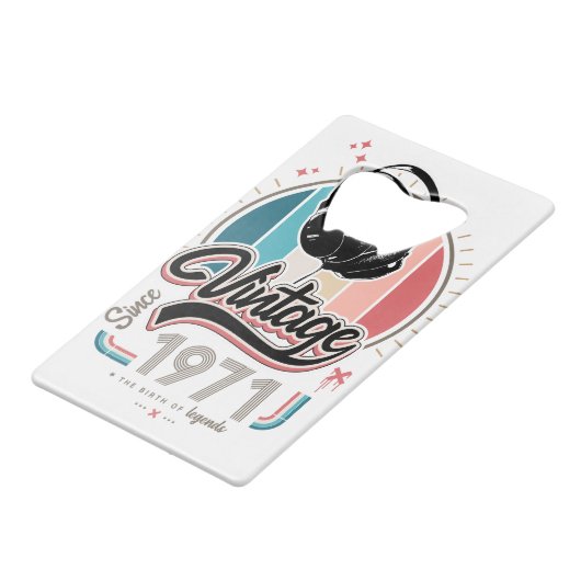  sinds 1971 Hoofdtelefoon Creditkaart Flessenopener (Achterkant Gekanteld)