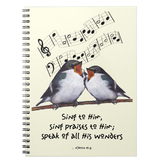 Sing Paus voor God: Twee vogels, Muzieknoten, kuns Notitieboek (Voorkant)