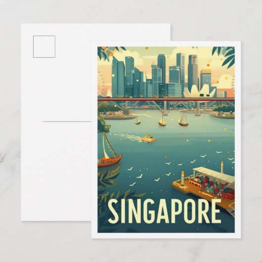 Singapore Art Vintage Travel Illustratie Briefkaart (Voorkant / Achterkant)