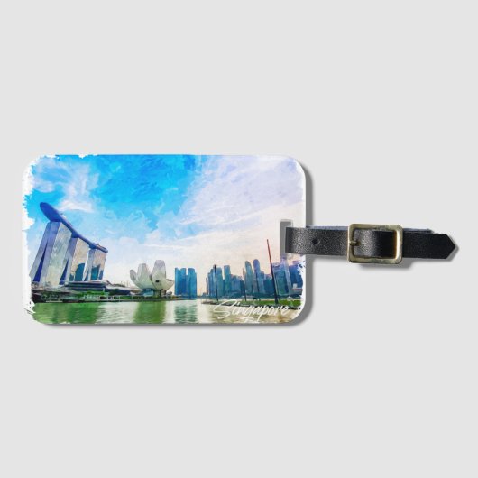 Singapore Azië Panorama Uitzicht Waterverf Bagagelabel (Voorkant (horizontaal))