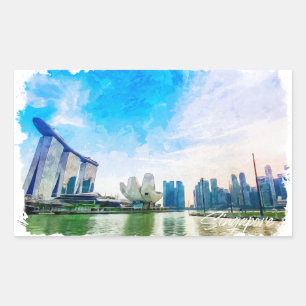Singapore Azië Panorama Uitzicht Waterverf Rechthoekige Sticker