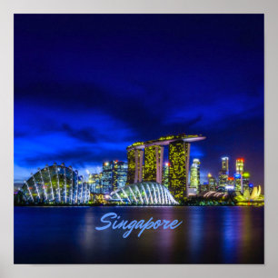 Singapore City Skyline bij nacht Poster
