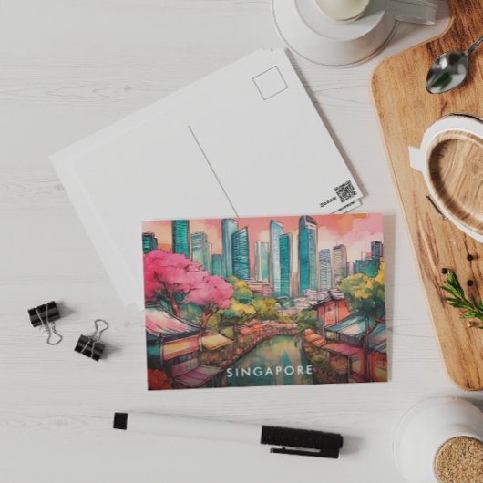 Singapore City Uitzicht Kleurrijk Feestdagenkaart