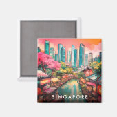 Singapore City Uitzicht Kleurrijk Magneet (Voorkant / Achterkant)