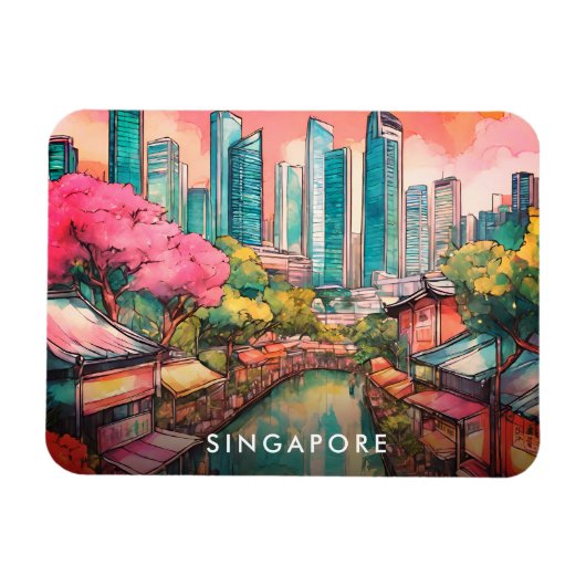 Singapore City Uitzicht Kleurrijk Magneet (Horizontaal)