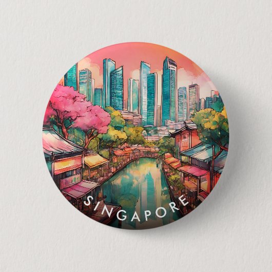 Singapore City Uitzicht Kleurrijk Ronde Button 5,7 Cm (Voorkant)