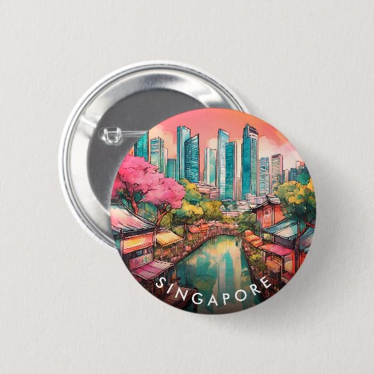 Singapore City Uitzicht Kleurrijk Ronde Button 5,7 Cm (Voorkant /achterkant)
