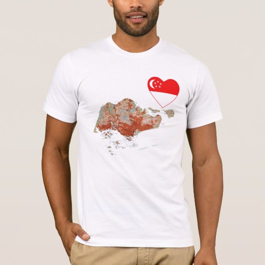 Singapore Flag Heart en Map T-Shirt (Voorkant)