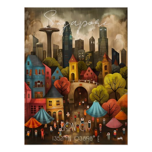 Singapore: Lion City - Whimsical Art Perfect Poster (Voorkant)