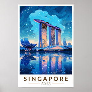 Singapore Marina Bay Nacht Reizen Kunst Vintage Poster