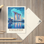 Singapore Marina Bay Nachtreizen Kunst Vintage Briefkaart<br><div class="desc">Singapore retro vector reisontwerp. Marina Bay is een luxe gebied van wolkenkrabbers,  chique hotels en luxe winkelcentra. Het staat bekend om het torenhoge reuzenrad van de Singapore Flyer en de bloemserres en kleurrijke Supertree's of Gardens by the Bay.</div>