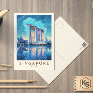 Singapore Marina Bay Nachtreizen Kunst Vintage Briefkaart