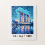 Singapore Marina Bay Nachtreizen Kunst Vintage Legpuzzel<br><div class="desc">Singapore retro vector reisontwerp. Marina Bay is een luxe gebied van wolkenkrabbers,  chique hotels en luxe winkelcentra. Het staat bekend om het torenhoge reuzenrad van de Singapore Flyer en de bloemserres en kleurrijke Supertree's of Gardens by the Bay.</div>