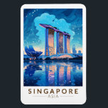 Singapore Marina Bay Nachtreizen Kunst Vintage Magneet<br><div class="desc">Singapore retro vector reisontwerp. Marina Bay is een luxe gebied van wolkenkrabbers,  chique hotels en luxe winkelcentra. Het staat bekend om het torenhoge reuzenrad van de Singapore Flyer en de bloemserres en kleurrijke Supertree's of Gardens by the Bay.</div>