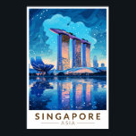 Singapore Marina Bay Nachtreizen Kunst Vintage Poster<br><div class="desc">Singapore retro vector reisontwerp. Marina Bay is een luxe gebied van wolkenkrabbers,  chique hotels en luxe winkelcentra. Het staat bekend om het torenhoge reuzenrad van de Singapore Flyer en de bloemserres en kleurrijke Supertree's of Gardens by the Bay.</div>