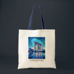 Singapore Marina Bay Nachtreizen Kunst Vintage Tote Bag<br><div class="desc">Singapore retro vector reisontwerp. Marina Bay is een luxe gebied van wolkenkrabbers,  chique hotels en luxe winkelcentra. Het staat bekend om het torenhoge reuzenrad van de Singapore Flyer en de bloemserres en kleurrijke Supertree's of Gardens by the Bay.</div>