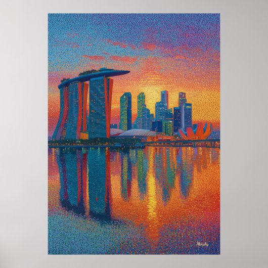 Singapore Marina Bay Sands Pointillisme Skyline Poster (Voorkant)