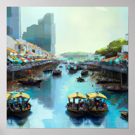 Singapore River with Bum Boats - Canvas Art Print (Voorkant)