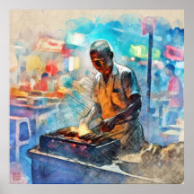 Singapore Satay Verkoper - Grote archiefdruk