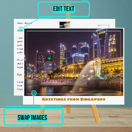 Singapore Skyline bij nacht met de Merlion Briefkaart