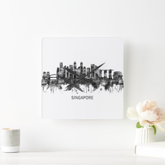Singapore Skyline BW Vierkante Klok (Huis)
