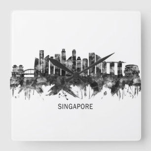 Singapore Skyline BW Vierkante Klok