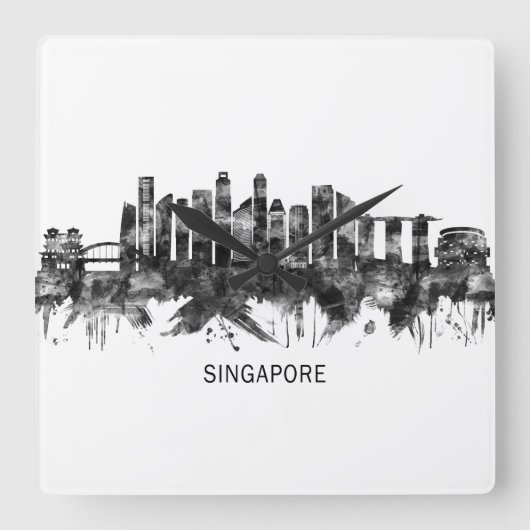 Singapore Skyline BW Vierkante Klok (Voorkant)