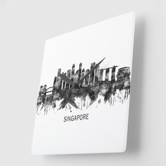 Singapore Skyline BW Vierkante Klok (Hoek)