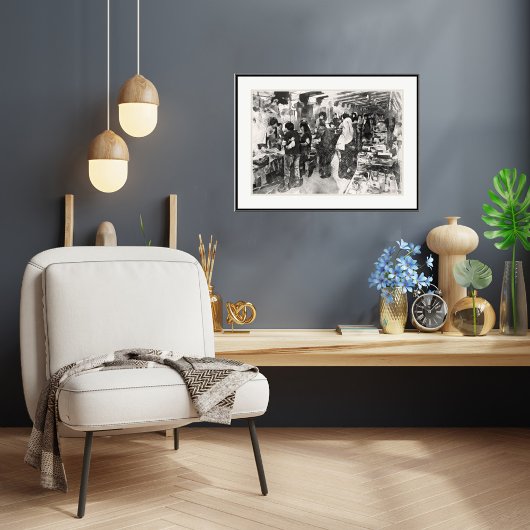 Singapore vlooienmarkt - pen en wastekening print