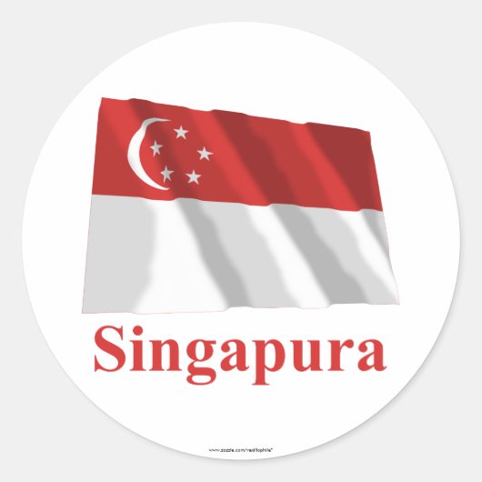 Singapore zwaaiende vlag met naam in het Maleis Ronde Sticker (Voorkant)